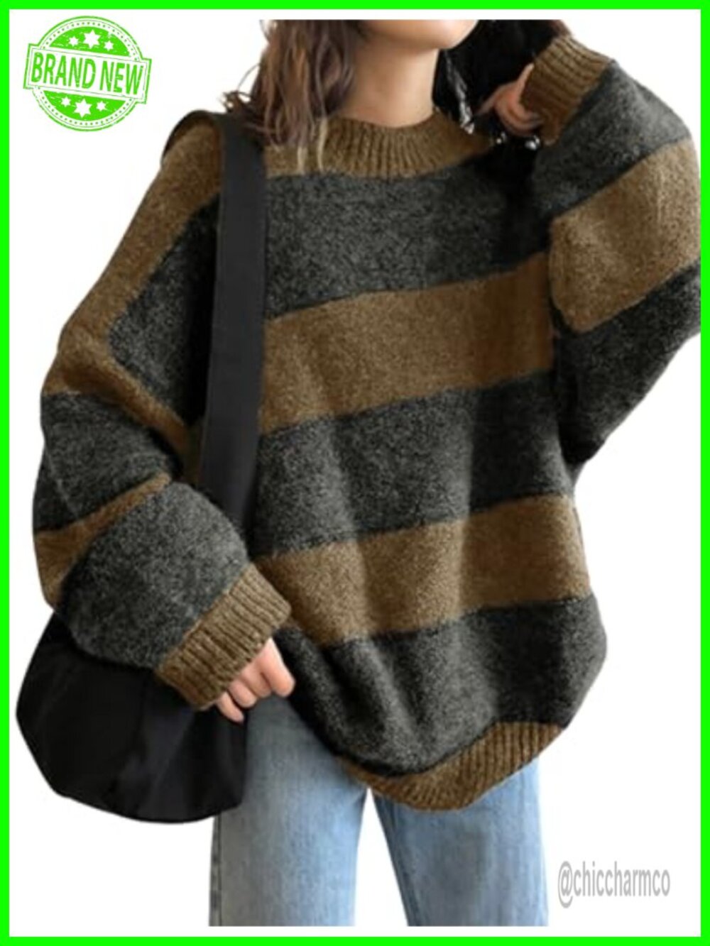 Oversized Striped Crewneck Pullover Sweater Long Sleeve Knit Top